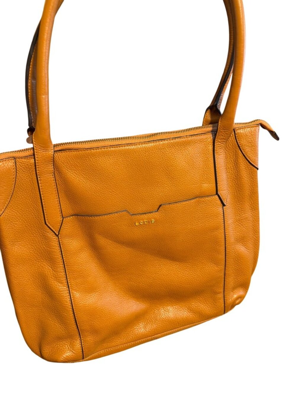 Lodis Kiera Camel Pebbled Leather Tote Shoulder Bag Gold Accents Zipper Closure